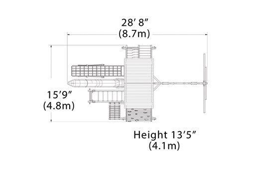 Overhead layout drawing with the play set's length, width and height