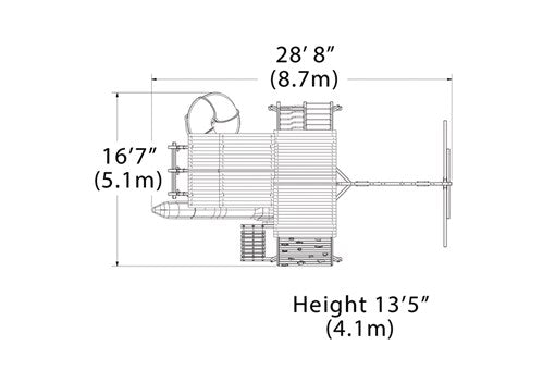 Overhead layout drawing with the play set's length, width and height