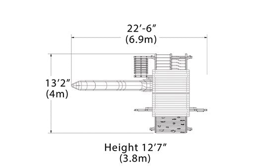 Overhead layout drawing with the play set's length, width and height