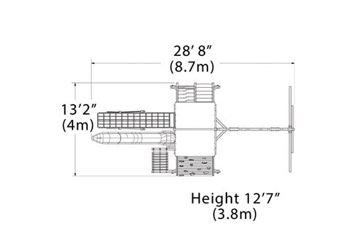 Overhead layout drawing with the play set's length, width and height