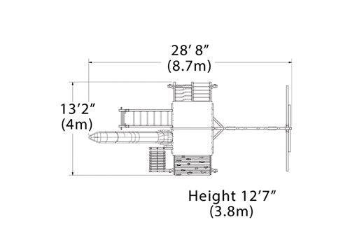 Overhead layout drawing with the play set's length, width and height