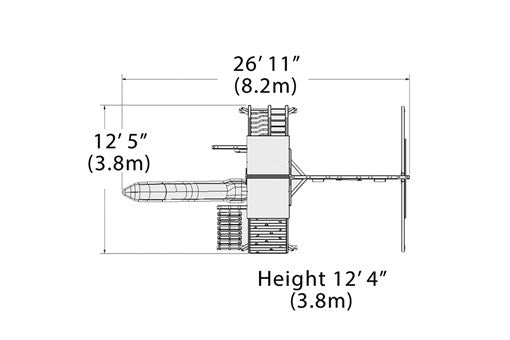 Overhead layout drawing with the play set's length, width and height