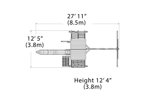 Overhead layout drawing with the play set's length, width and height