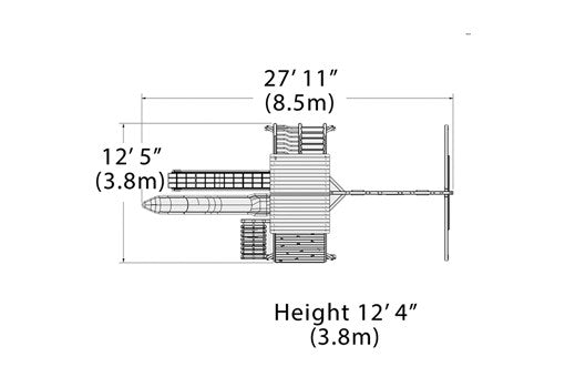 Overhead layout drawing with the play set's length, width and height