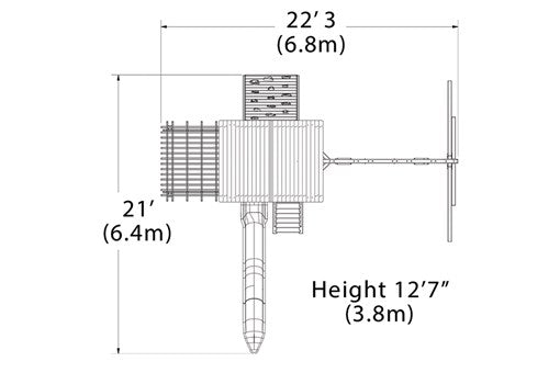 Overhead layout drawing with the play set's length, width and height