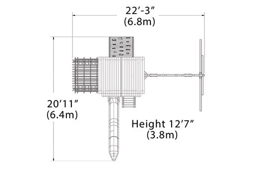 Overhead layout drawing with the play set's length, width and height