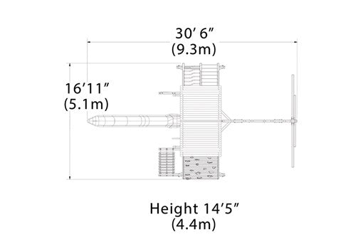 Overhead layout drawing with the play set's length, width and height
