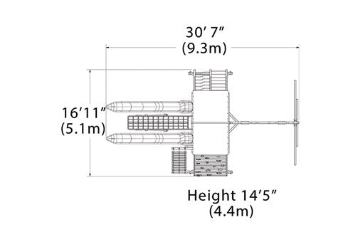 Overhead layout drawing with the play set's length, width and height