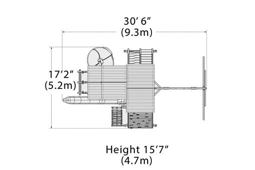 Overhead layout drawing with the play set's length, width and height
