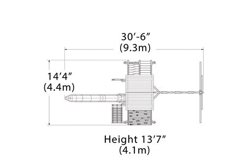 Overhead layout drawing with the play set's length, width and height