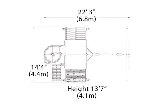 Overhead layout drawing with the play set's length, width and height