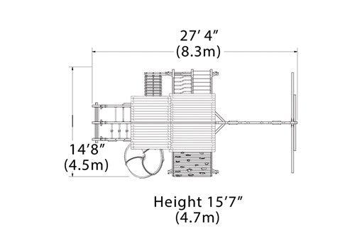 Overhead layout drawing with the play set's length, width and height