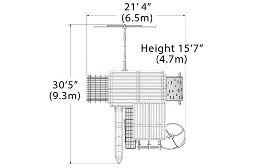 Overhead layout drawing with the play set's length, width and height