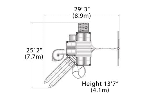 Overhead layout drawing with the play set's length, width and height