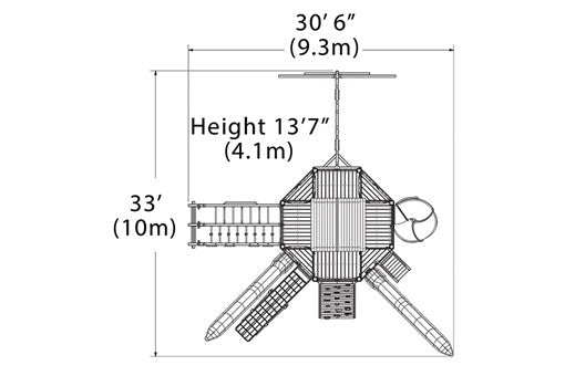 Overhead layout drawing with the play set's length, width and height