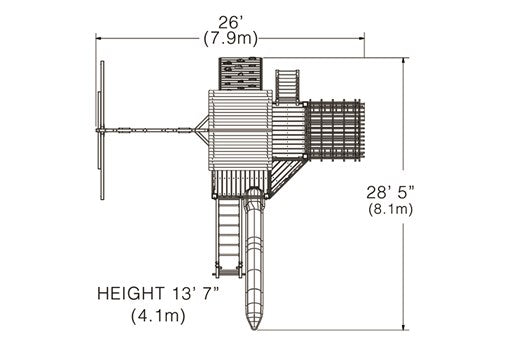 Overhead layout drawing with the play set's length, width and height