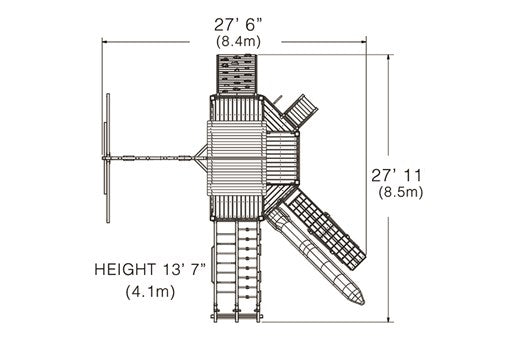 Overhead layout drawing with the play set's length, width and height
