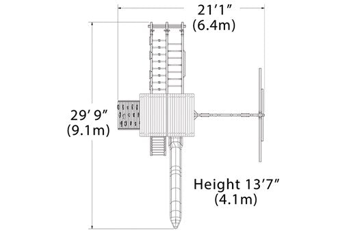 Overhead layout drawing with the play set's length, width and height
