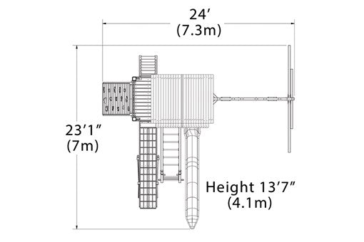 Overhead layout drawing with the play set's length, width and height