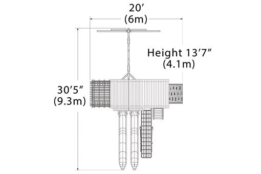 Overhead layout drawing with the play set's length, width and height
