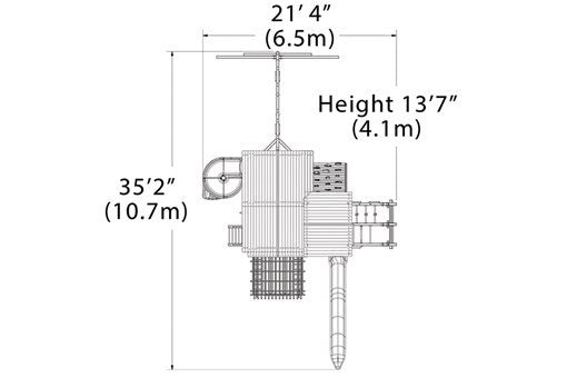 Overhead layout drawing with the play set's length, width and height
