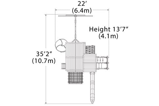 Overhead layout drawing with the play set's length, width and height