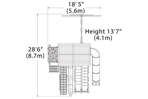 Overhead layout drawing with the play set's length, width and height