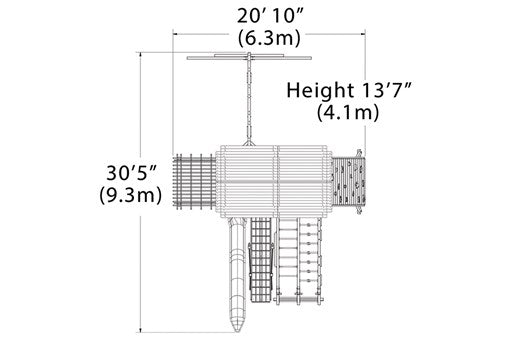 Overhead layout drawing with the play set's length, width and height