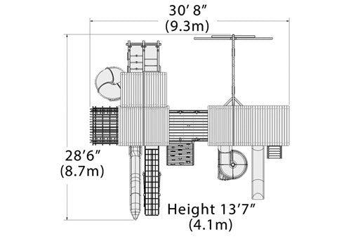 Overhead layout drawing with the play set's length, width and height