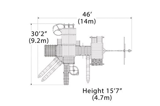 Overhead layout drawing with the play set's length, width and height
