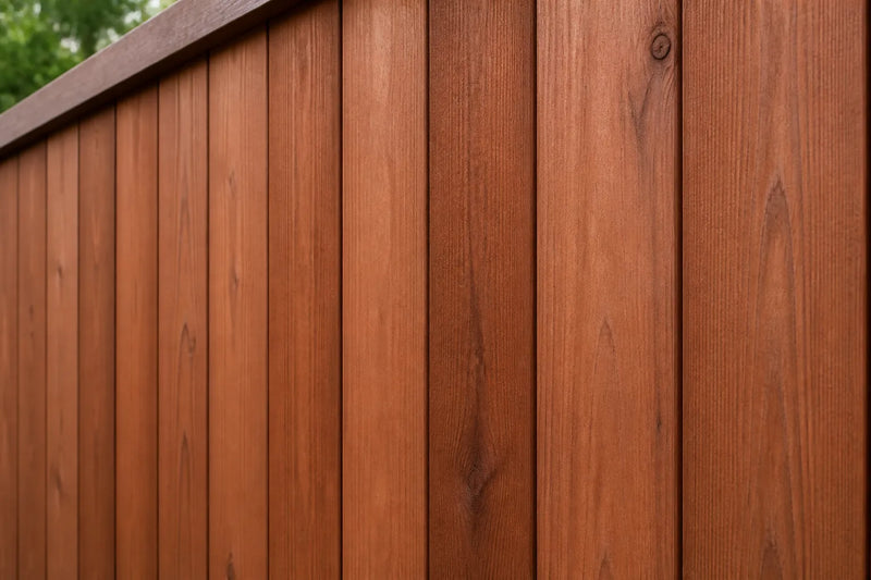 Redwood privacy fence with warm reddish-brown vertical boards