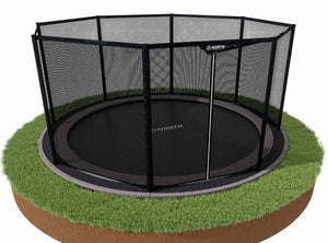 Black trampoline with safety net on a grassy area