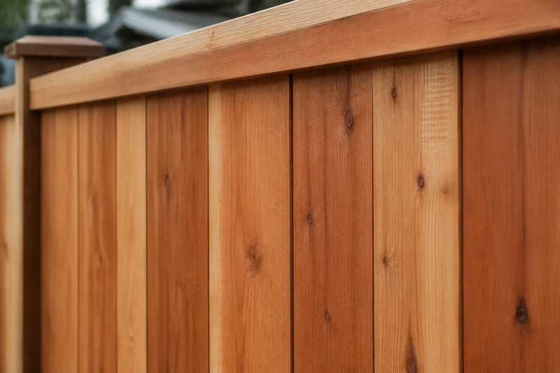 Western red cedar privacy fence with a cap rail and warm reddish-brown vertical boards